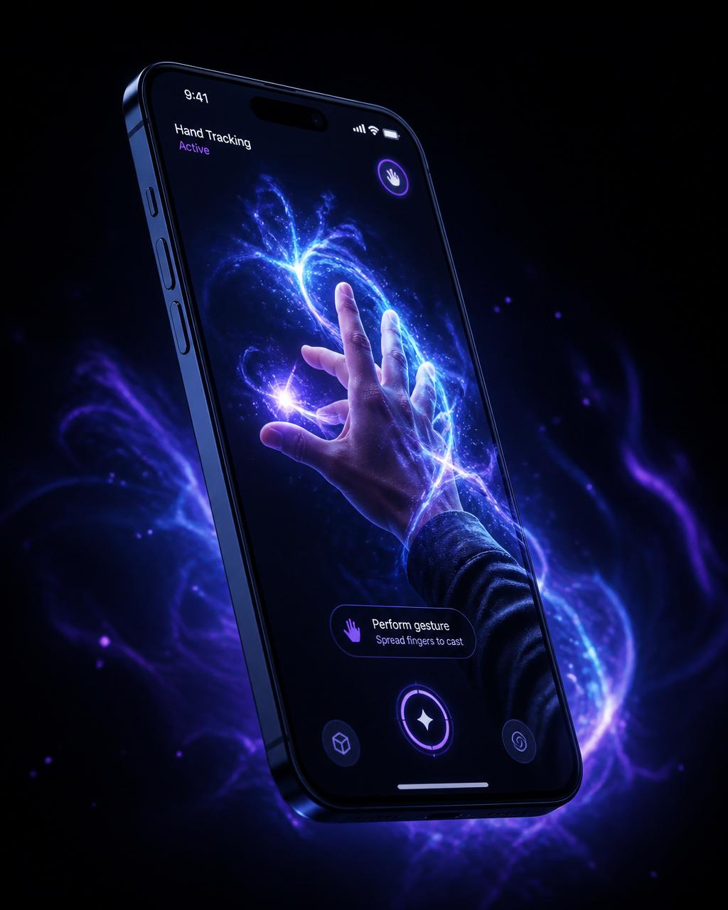 iPhone displaying Hand Control app with glowing AR particle magic